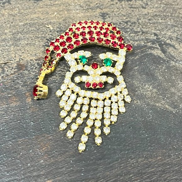 Vintage Santa Claus Brooch Red Black Clear Prong Setting Crystal Rhinestones - Picture 7 of 8